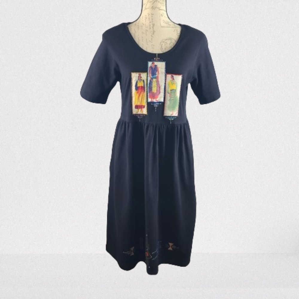 Vintage Southwestern Aplique Art-To-Wear Dress Black Medium